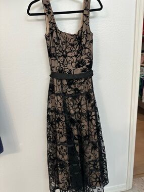 Taylor Black Floral Lace Midi Dress with Taupe Lining